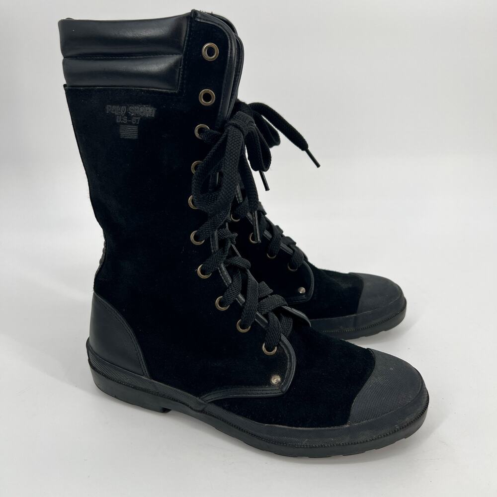 Polo Sport by Ralph Lauren Lace Up Boots Womens 8 Black Suede Leather Mid Calf